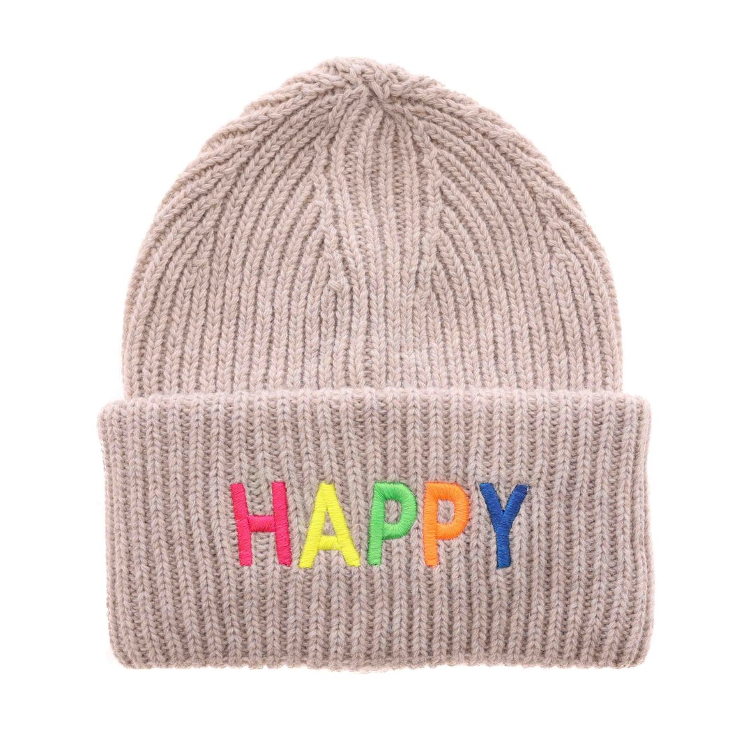 Beanie Mütze mit Stickerei Happy bunt