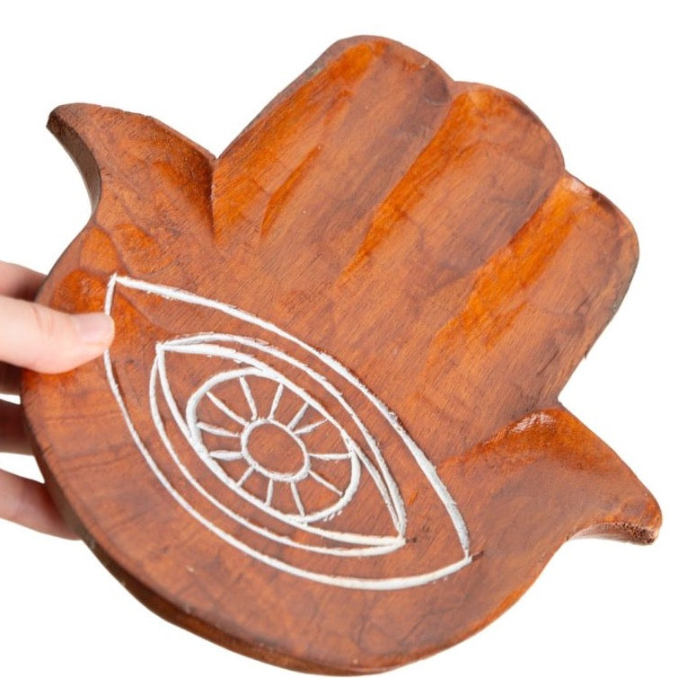 Edelsteinladeplatte Hamsa Hand aus Holz